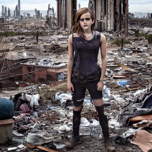 Image similar to concerned and tired emma watson in shredded dirty clothes rags, in the ruins of civilization after the apocalypse, looming city ruins backdrop, hd photo, high detail