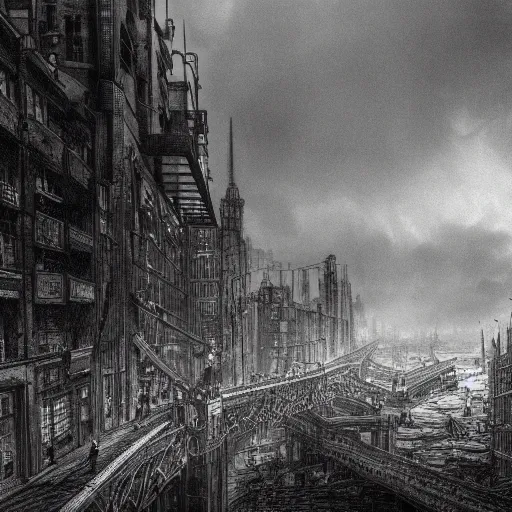 Image similar to dieselpunk city pollution river fog wires high detailed drawn by gustave dore perspective wide angle