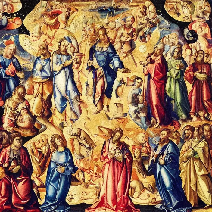 Image similar to the cosmic event at which the unity and the trinity ruptured, creating the false christian god, 16th century painting, prismatic colors