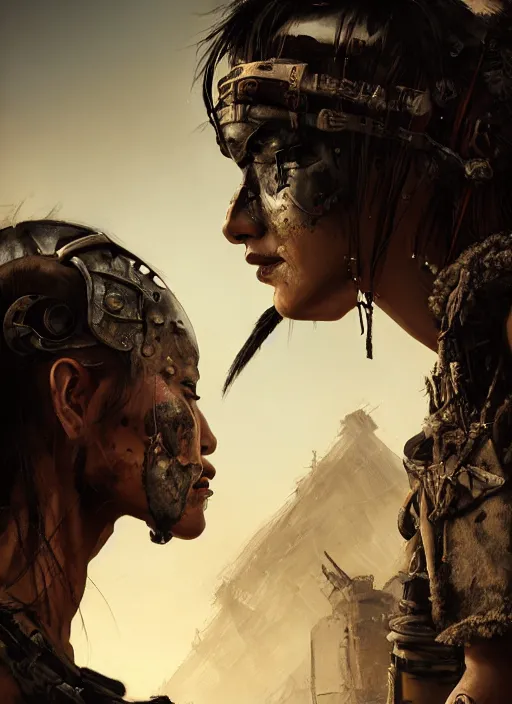 Prompt: hyper realistic photography portrait of postapocalyptic madmax cyberpunk asian japanese cyborg tribal festival warrior girl amazon face cinematic, vallejo, back shot, craig mullins greg rutkowski, artstation, cgsociety