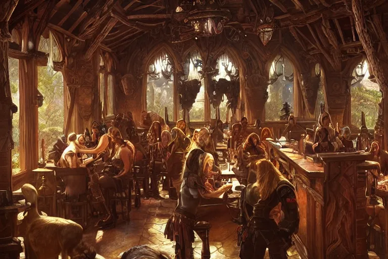 Image similar to ultra realistic illustration, medieval tavern interior from warcraft and d & d, intricate, elegant, highly detailed, digital painting, artstation, concept art, smooth, sharp focus, illustration, art by artgerm and greg rutkowski and alphonse mucha