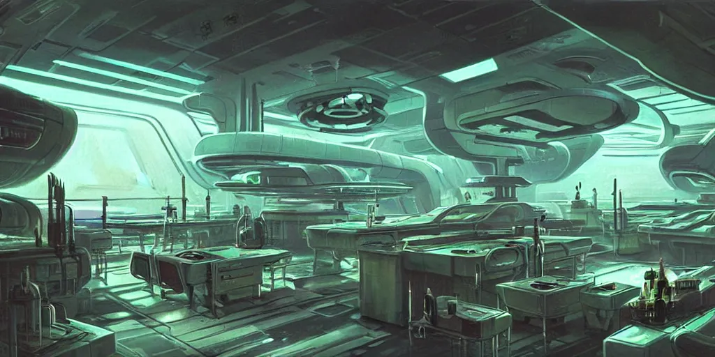 Prompt: highly detailed matte painting science fiction laboratory, biopods, futuristic, experiments, synthetic, medical equipment, research subjects. environment art by syd mead and john berkley, john harris. concept art, dystopian grunge, retro futurism, beautiful volumetric - lighting - style atmosphere