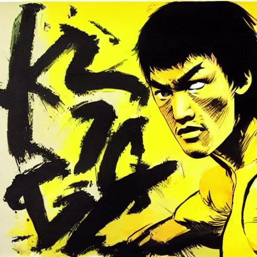 Image similar to Bruce Lee wearing a yellow jumpsuit by Yoji Shinkawa and Ashley Wood