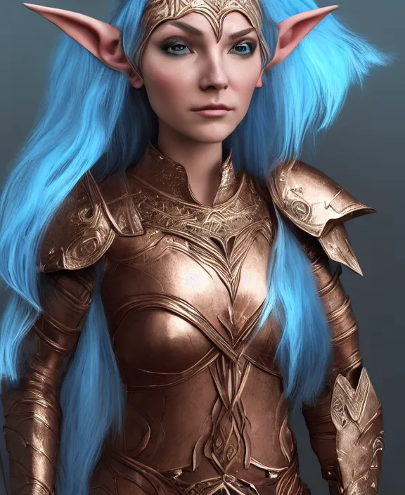 Image similar to a beautiful and highly detailed digital portrait of a dignified female elven paladin with blue hair in rose gold armor by clint cearley, centered, artsation contest winner, artstation hd, cgsociety, fantasy art, cryengine, concept art, photorealism, daz 3 d, sketchfab, zbrush, vray