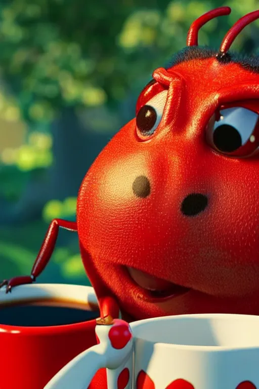 Image similar to a red ladybug with big eyes on side of a cup of coffee and a suggar pot at picnic. full body, pixar disney 4 k 3 d render movie oscar winning trending on artstation and behance. ratatouille style.