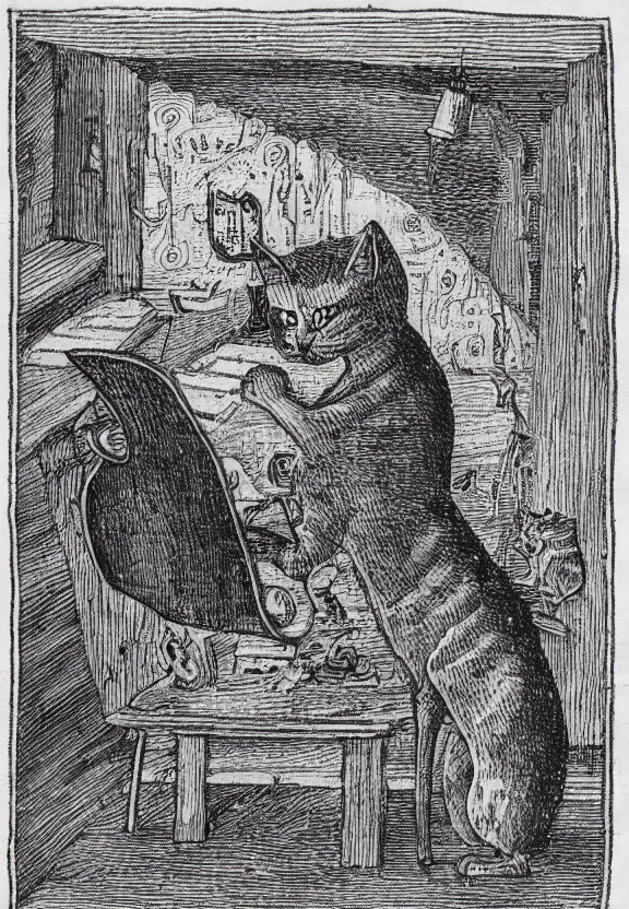 Image similar to [Dark medieval illustration of a cat watching youtube on a computer]