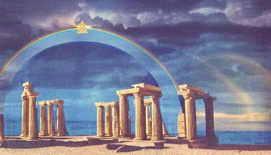 Prompt: A 1985 vintage magazine architecture photo of a beach doric temple, mediterranean architecture, refracted lines and sparkles, thunderstorm outside, beach on the background major arcana sky and occult symbols, hyperrealistic, award-winning, 1985