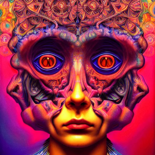 Prompt: An extremely psychedelic portrait of hell, surreal, LSD, face, detailed, intricate, elegant, lithe, highly detailed, digital painting, artstation, concept art, smooth, sharp focus, illustration