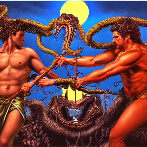 Image similar to detailed illustration of perseus vs medusa, hyper detailed, realistic, artwork by larry elmore, cinematic lighting