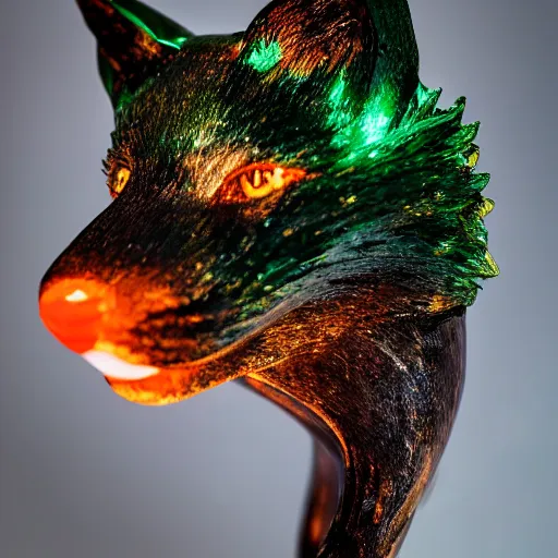 Prompt: Portrait photography of an Emerald fox sculpture with glowing orange eyes