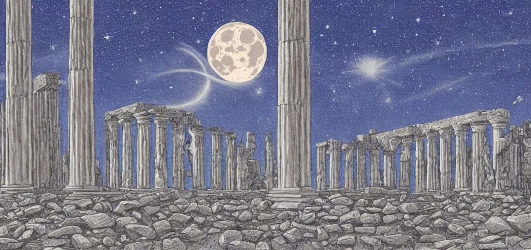 Image similar to The ruins of the Silver Millennium on the moon from Sailor Moon, digital painting, Earth in the distance, Greek-esque columns and ruins, grey sand