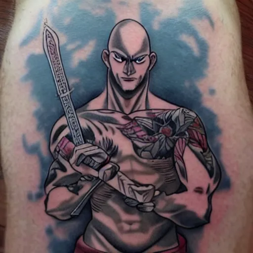 Image similar to muscular bald man, tattooed body, sword in hands, HD, anime style,