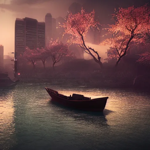 Prompt: a boat wandering in the river, asia, cyberpunk, japan, land, rain, dark, lostus flowers, octance render, artstaion, 8 k, fantasy