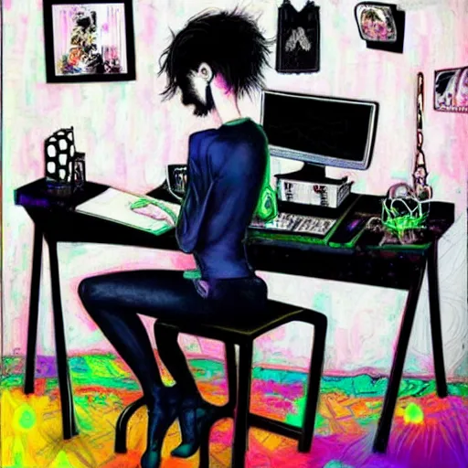 Prompt: goth guy sitting at computer in cluttered room, by harumi hironaka, aesthetic!!!, detailed, realistic, hyper realism, small details, goth aesthetic,