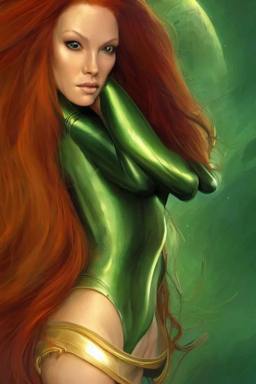 Image similar to Redhead alien human beautiful hybrid feminine woman with stunning green eyes, very in shape, round face and a roundish nose as a futuristic heroine, gorgeous digital painting, artstation, concept art, smooth, sharp focus, illustration, art by artgerm and donato giancola and Joseph Christian Leyendecker, Ross Tran, WLOP