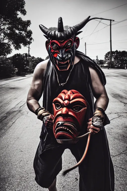 Prompt: guy with oni mask walkin on empty hood, photorealistic, smooth, 4 k, aesthetic lighting, baroque object, hyperdetailed, professional photography, pullitzer winning, photo by : canon eos 5 d mark iv, by karah mew and adnan abidi