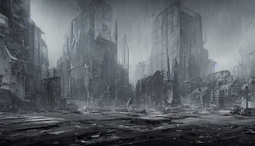 Image similar to ruins of futuristic berlin, grey sky, debris, dirty streets, hyperdetailed, artstation, cgsociety, 8 k