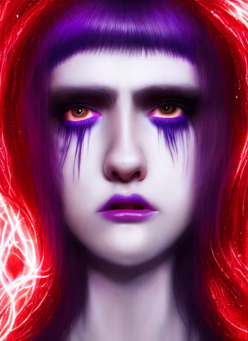 Image similar to hair whitebangs hair, black cyberlox, portrait of teenage girl with white bangs, whitebangsblackhair, messy bangs, cyberlox, whitebangs, red irises, purple clothes, intricate, elegant, glowing lights, highly detailed, digital painting, artstation, concept art, sharp focus, illustration, art by wlop, mars ravelo and greg rutkowski