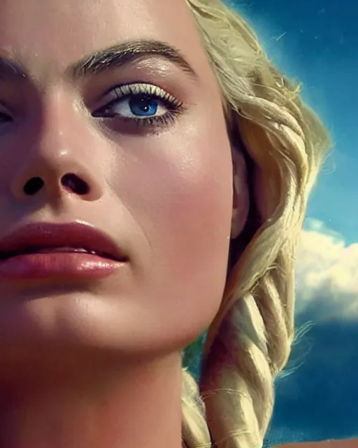 Image similar to margot robbie as a hot Greek goddess in the sky, highly detailed, detailed face, beautiful face, hyper realistic