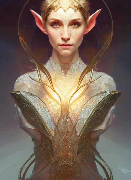 Image similar to symmetry!! portrait of elf, fantasy, intricate, highly detailed, dynamic lighting, digital art, digital painting, artstation, wlop, sharp focus, illustration, art by artgerm and greg rutkowski and alphonse mucha, 8 k