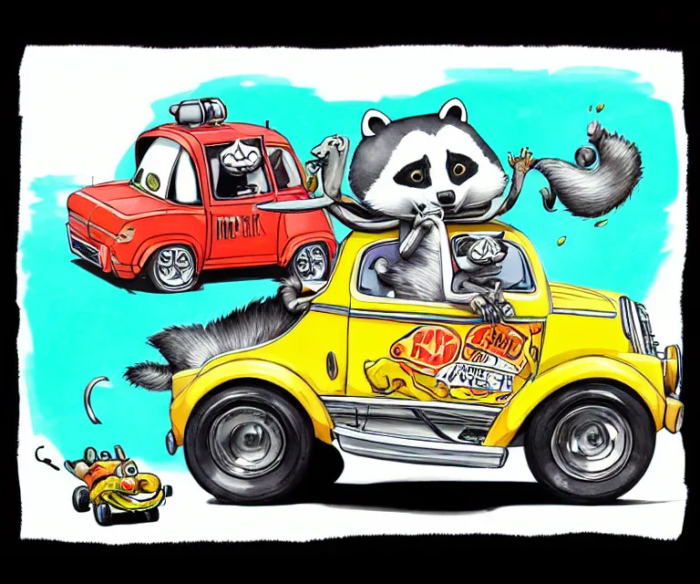 Image similar to cute and funny, racoon driving a tiny hot rod with an oversized engine, ratfink style by ed roth, centered award winning watercolor pen illustration, isometric illustration by chihiro iwasaki, edited by craola, tiny details by artgerm and watercolor girl, symmetrically isometrically centered