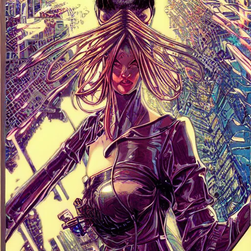 Image similar to portrait of crazy seductive cyberpunk woman, symmetrical, by yoichi hatakenaka, masamune shirow, josan gonzales and dan mumford, ayami kojima, takato yamamoto, barclay shaw, karol bak, yukito kishiro