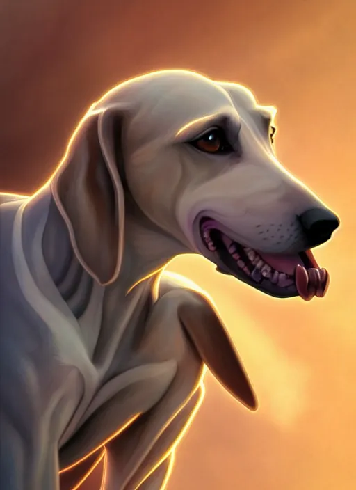 Image similar to demonic white brown greyhound, natural lighting, path traced, highly detailed, high quality, digital painting, by don bluth and ross tran and studio ghibli and alphonse mucha, artgerm