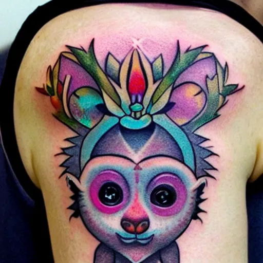 Prompt: shoulder tattoo of a meditating cute bush baby with trippy eyes and glowing multicolored chakra symbols, insanely integrate