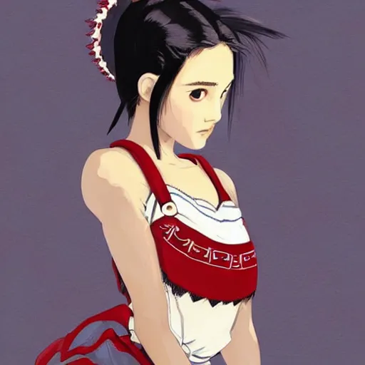 Image similar to a beautiful young japanese natalie portman alluring gravure model, stylized concept art, wearing elegant designer overalls, elegant overalls with mesoamerican patterns, mesoamerican native street fashion, princess mononoke, painted by jamie hewlett and ashley wood and mike mignola, aesthetic, gorgeous, stunning, alluring, attractive, artstation, pinterest, digital art