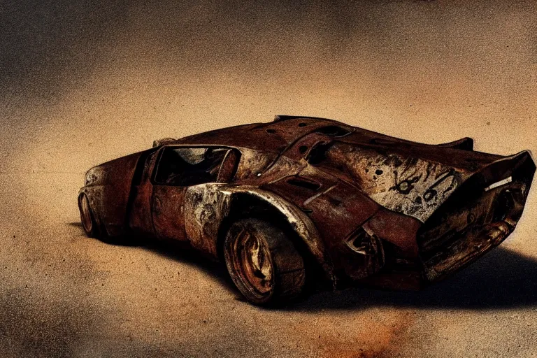 Image similar to rusty hypercar in mad max, painted by hector garrido and derek riggs, trending on artstation, volumetric lighting rear view profile picture, daguerreotype, still life, figurativism, socialist realism