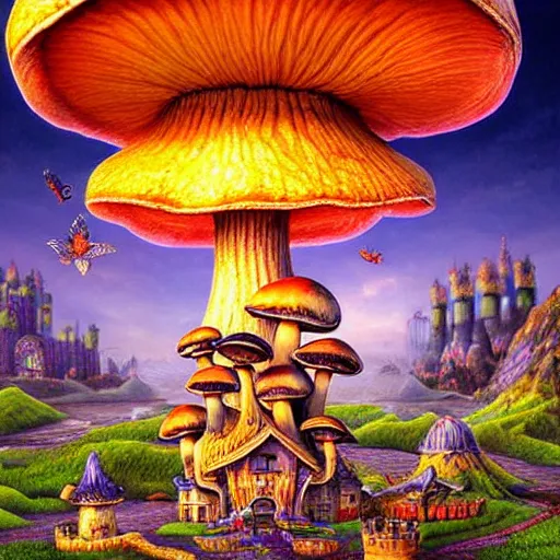 Prompt: mushroom castle, ultra detailed painting at 1 6 k resolution and epic visuals. epically beautiful image. amazing effect, image looks crazily crisp as far as it's visual fidelity goes, absolutely outstanding. vivid clarity. ultra. iridescent. mind - breaking. mega - beautiful pencil shadowing. beautiful face. ultra high definition, range murata and artgerm