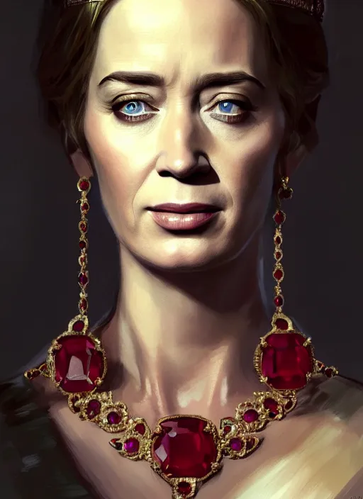 Prompt: portrait of emily blunt as queen, jewelry, greek, ruby, victorian age, 1 8 9 0, intricate, headshot, key visual, conceptart, ambient lighting, highly detailed, digital painting, artstation, concept art, sharp focus, by makoto shinkai and akihiko yoshida and greg manchess