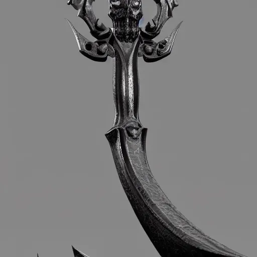 Prompt: a black sword skull crest, ornament, weapon, a 3 d render by dom qwek, studio lighting, front side view sheet, trending on polycount, hard surface modeling, rendered in maya, 3 ds max, blender, artstation hd, vray