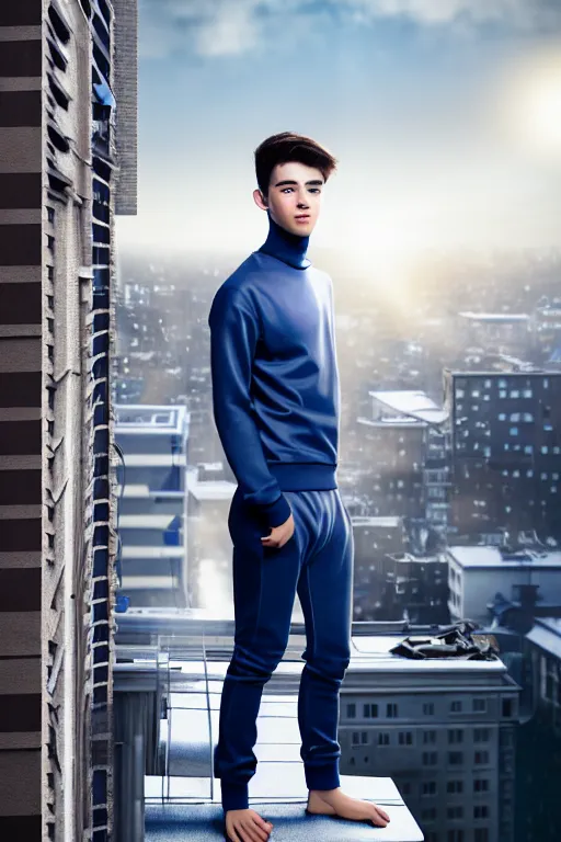 Image similar to un ultra high definition studio quality photographic art portrait of a young man standing on the rooftop of a british apartment building wearing soft padded silver pearlescent clothing. three point light. extremely detailed. golden ratio, ray tracing, volumetric light, shallow depth of field. set dressed.