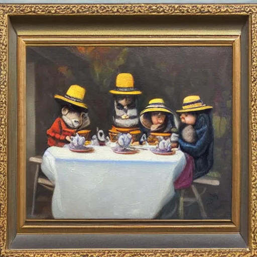 Image similar to bees wearing hats, having a tea party, oil painting