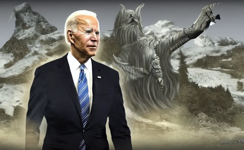 Image similar to joe biden in skyrim, digital art