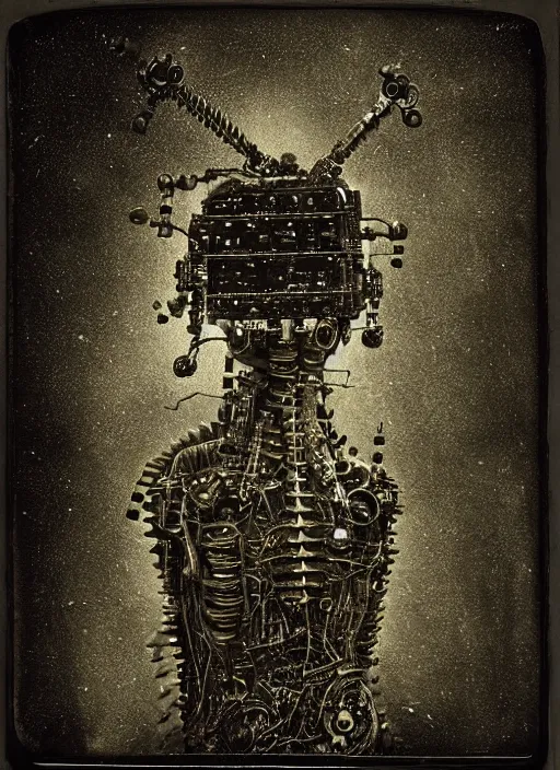 Image similar to old wetplate daguerreotype portrait of futuristic cyborg robot made from small screws and electrical wire, explosion of data fragments, fractal, intricate, elegant, highly detailed, parallax, leica, medium format, subsurface scattering, by jheronimus bosch and greg rutkowski and louis jacques mande daguerre