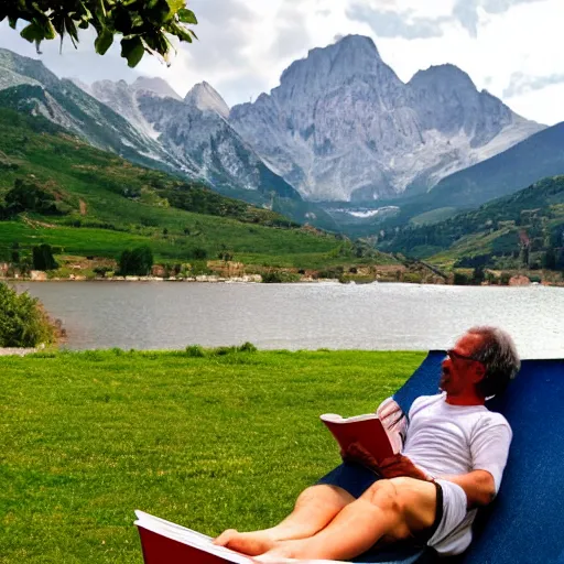 Image similar to my older italian wise friend on a hammock, reading the book about love, face iluminated by new knowledge, mountains in a background