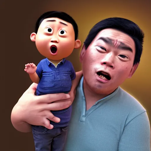 Image similar to shocked asian man cannot believe his eyes that he is holding a dark skinned chubby baby, award winning art, pixar, 3 d render, confusion, unreal engine