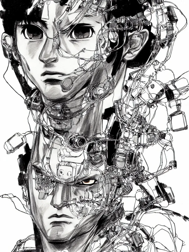 Image similar to prompt: Fragile looking portrait, portrait face drawn by Katsuhiro Otomo, accurate full body character drawing, inspired by Evangeleon and Akira 1988, cyborg and wire details, clean ink detailed line drawing, intricate detail, manga 1990, golden ration composition