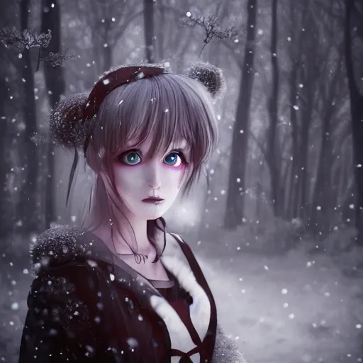 Image similar to focus face portrait of beautiful darkness knight 3D anime girl, dark forest background, snowing, bokeh, inspired by Tim Burton, digital painting, high contrast, unreal engine render, volumetric lighting, high détail