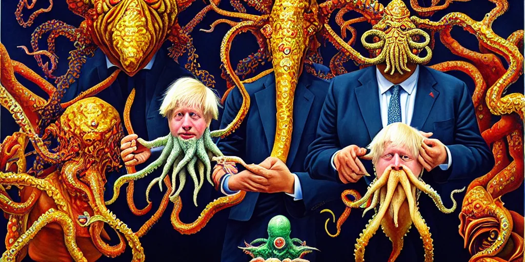 Image similar to rishi sunak and boris johnson and cthulhu in heaven, abstract oil painting by gottfried helnwein pablo amaringo raqib shaw zeiss lens sharp focus high contrast chiaroscuro gold complex intricate bejeweled