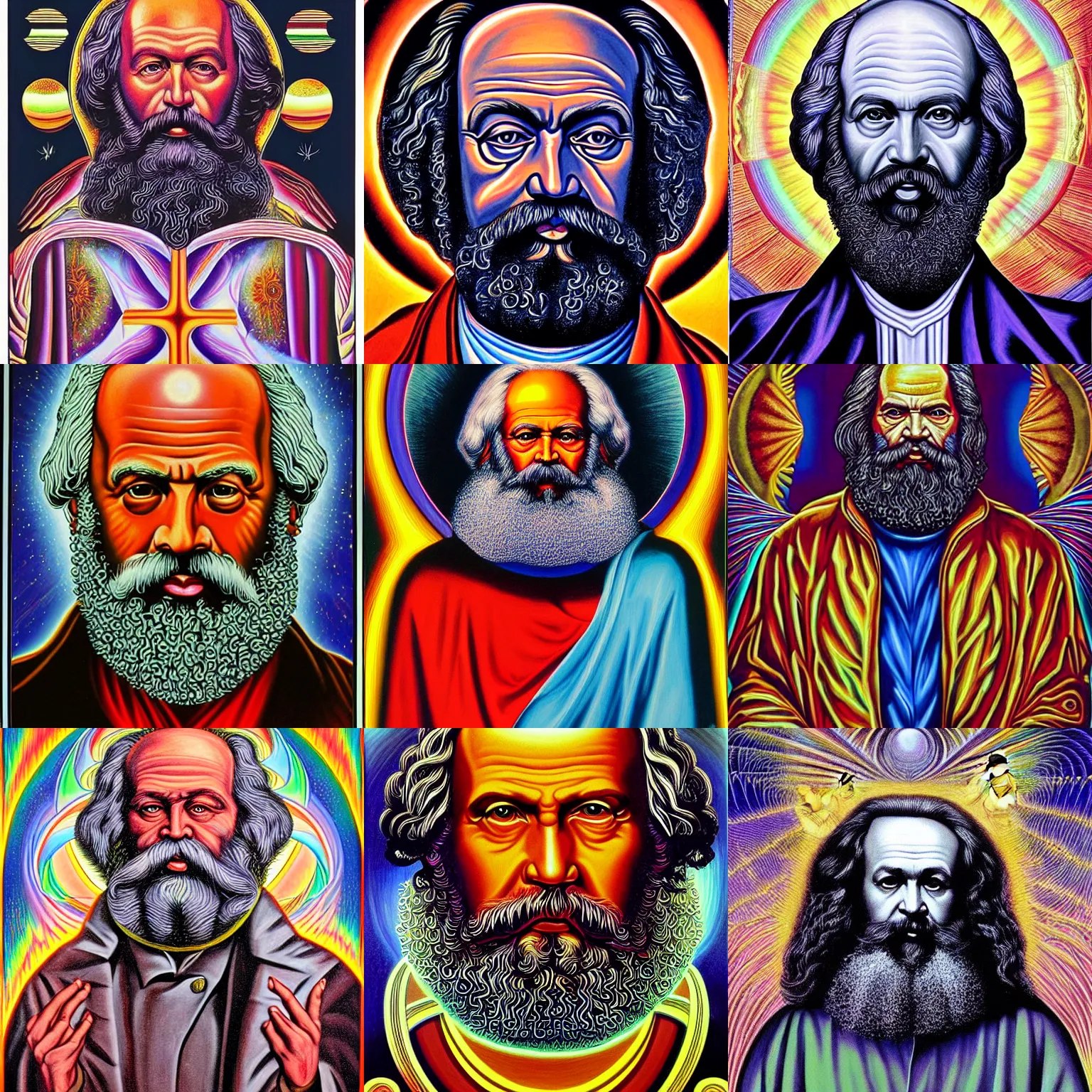 Image similar to karl Marx painting by alex grey in the style of cosmic christ by alex grey