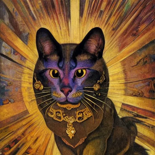 Image similar to masterpiece painting of an ornate bejeweled cat head, by annie swynnerton and diego rivera and nicholas roerich and jean delville, symbolist, dramatic lighting, god rays, elaborate geometric ornament, art brut, rich colors, smooth, sharp focus, extremely detailed, adolf wolfli and ( donato giancola )