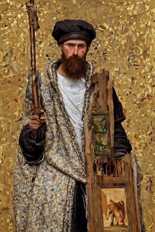Image similar to slavic dog head man builds the roof, woolen torso in medieval clothes, orthodox saint christopher, oil painting, painting by viktor vasnetsov, concept art, hyperrealism, beautiful, high resolution, trending on artstation,