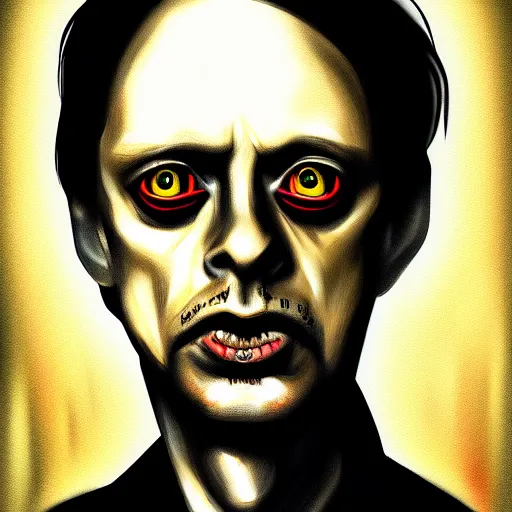 Prompt: photorealistic portrait of a young steve buscemi as the mothman, dark, horror movie poster, digital painting