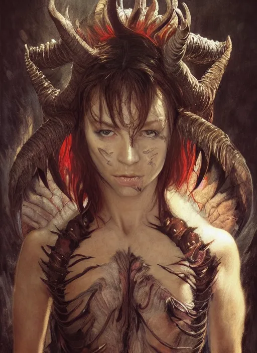 Image similar to half demon half human intricate skin hairy costume, elegant, peaceful, full body, horns, hyper realistic, extremely detailed, dnd character art portrait, fantasy art, intricate fantasy painting, dramatic lighting, vivid colors, deviant art, artstation, by edgar maxence and caravaggio and michael whelan and delacroix.