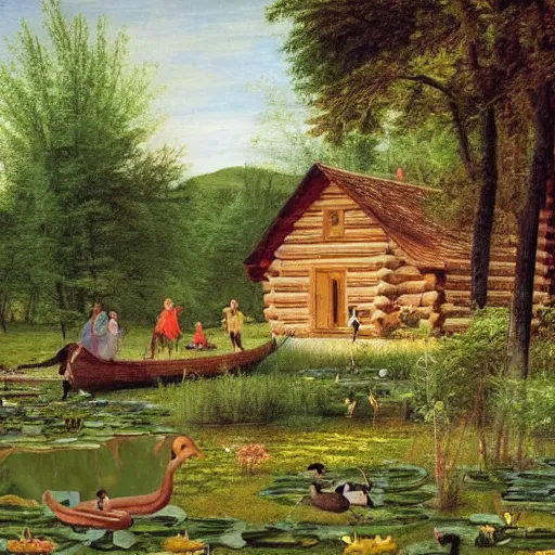 Prompt: two small log cabins on the edge of an idyllic lake that has many lily pads and brightly colored ducks on its surface, behind the cabins there is a small farm plot and a large deciduous forest, people can be seen tending to the area around the cabins, renaissance painting, high quality