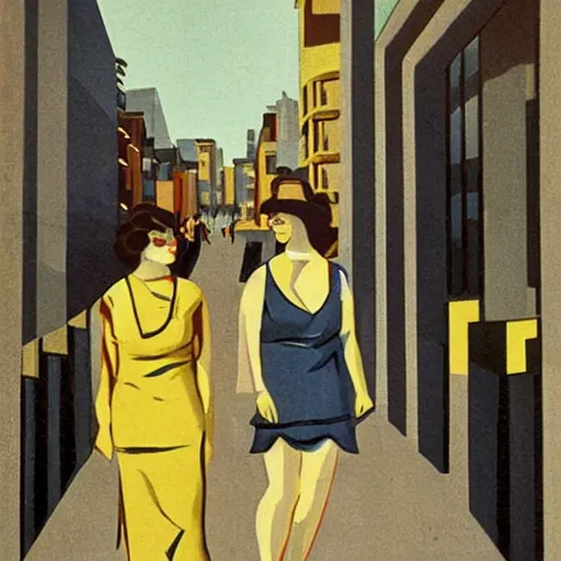Prompt: a pair of twins on the streets of a modern city, art deco, therese nielsen