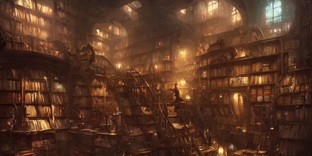 Image similar to ! dream dark book shop interior by bastien lecouffe - deharme and charles bowater, greg rutkowski, adventure game, inspired by diablo concept art